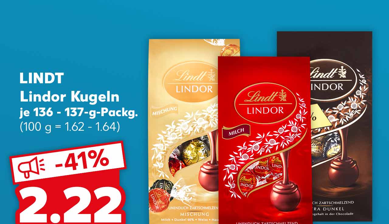 LINDT Lindor Kugeln, versch. Sorten, je 136 - 137-g-Packg. für 2.22 Euro (100 g = 1.62 - 1.64)