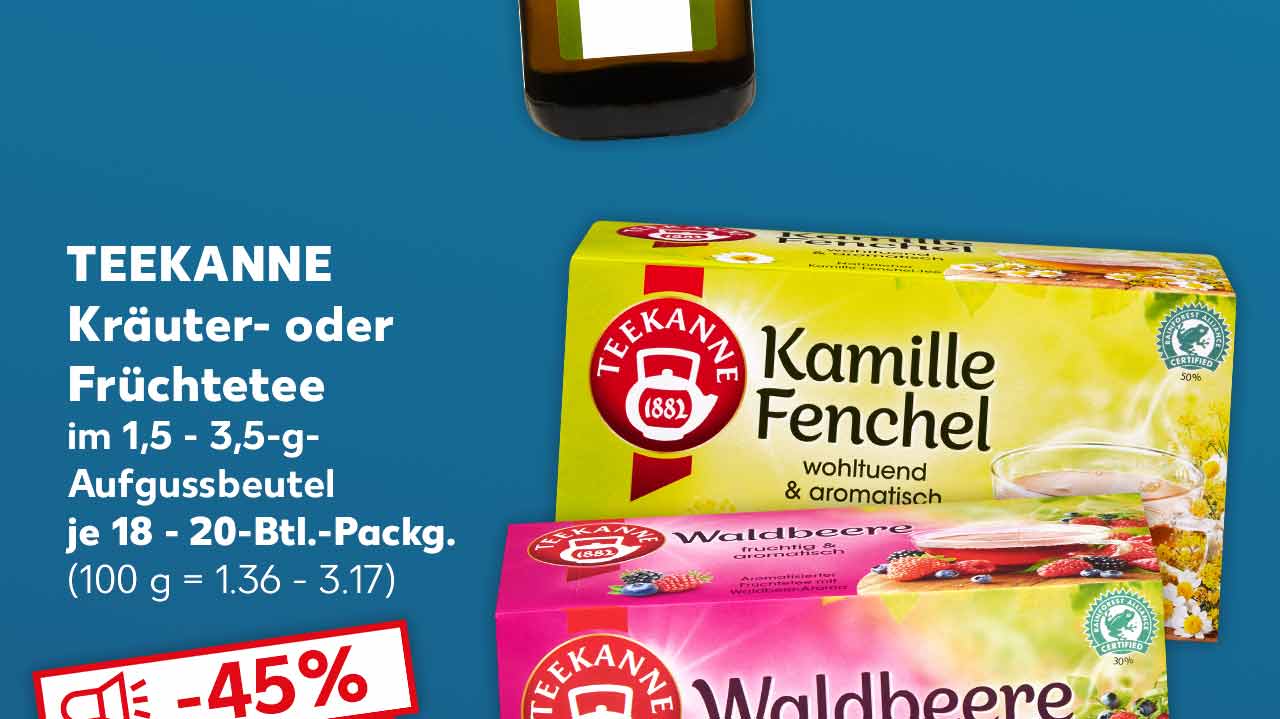 TEEKANNE Kräuter- oder Früchtetee, versch. Sorten, im 1,5 - 3,5-g-Aufgussbeutel, je 18 - 20-Btl.-Packg. für 0.95 Euro (100 g = 1.36 - 3.17)