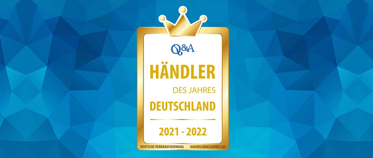Blauer Hintergrund; Award: Händler des Jahres Deutschland 2021 - 2022