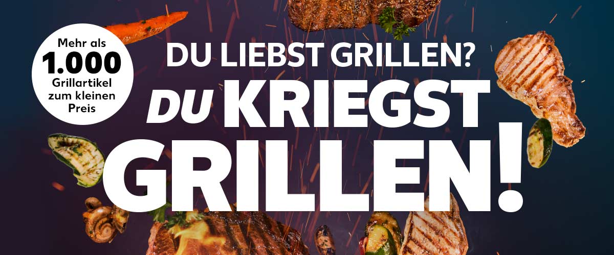 Schriftzug: DU LIEBST GRILLEN? DU KRIEGST GRILLEN!; Abbildung: Grill mit Flammen und verschiedenem Gemüse und Fleisch; Störer: Mehr als 1.000 Grillartikel zum kleinen Preis