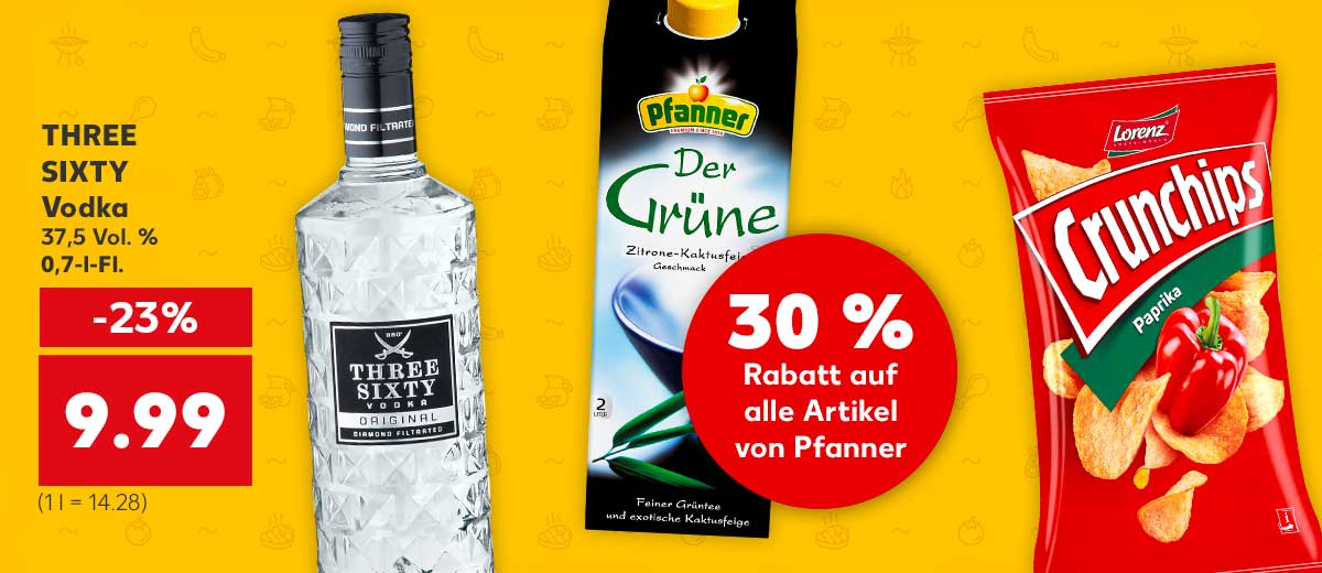 THREE SIXTY Vodka, 37,5 Vol. %, 0,7-l-Fl. für 9.99 Euro (1 l = 14.28); Weitere Produktabbildungen: LORENZ Crunchips und PFANNER Eistee; Störer: 30 % Rabatt auf alle Artikel von Pfanner