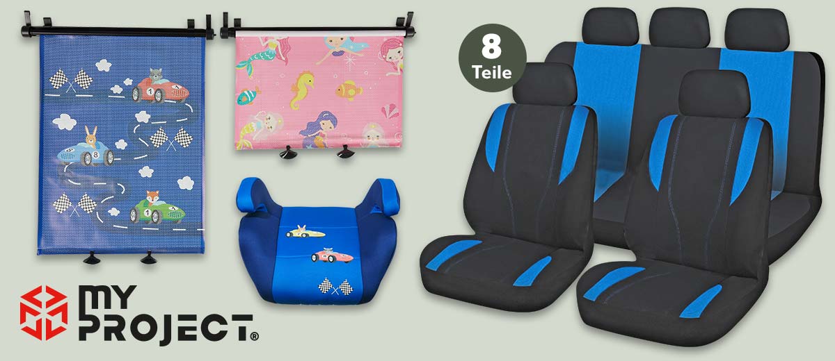 Logo: MY PROJECT®; Produktabbildung: Sonnenschutzrollos, Kindersitzerhöhung und Sitzbezüge-Set; Störer: 8 Teile