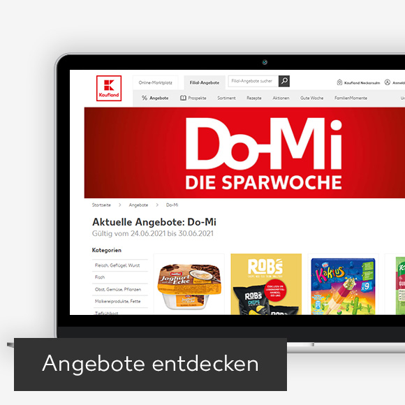 Abbildung: Laptop zeigt Do-Mi Angebote auf Kaufland-Webseite; Button: Angebote entdecken