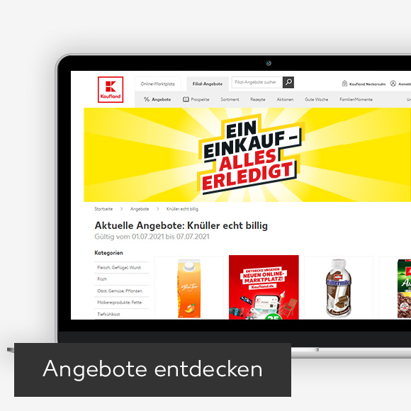 Abbildung: Laptop zeigt Knüllerangebote auf Kaufland-Webseite; Button: Angebote entdecken