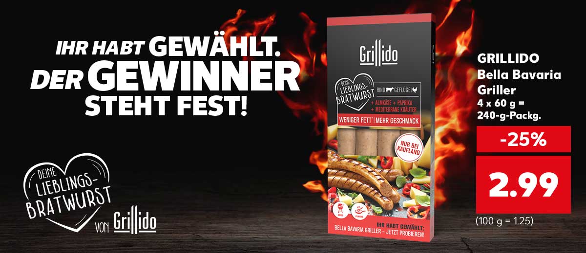 Schriftzug: IHR HABT GEWÄHLT. DER GEWINNER STEHT FEST!; Logo: Deine Lieblings-Bratwurst von GRILLIDO; Produktabbildung: GRILLIDO Bella Bavaria Griller, 4 x 60 g = 240-g-Packg. für 2.99 Euro (100 g = 1.25)