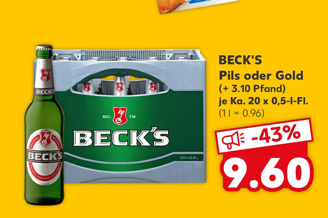 BECK'S Pils oder Gold, (+ 3.10 Pfand), je Ka. 20 x 0,5-l-Fl. für 9.60 Euro (1 l = 0.96)