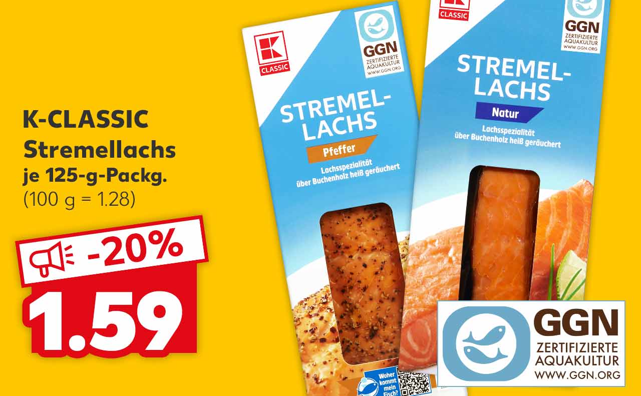 K-CLASSIC Stremellachs, versch. Sorten, je 125-g-Packg. für 1.59 Euro (100 g = 1.28); Logo: GGN-zertifizierte Aquakultur