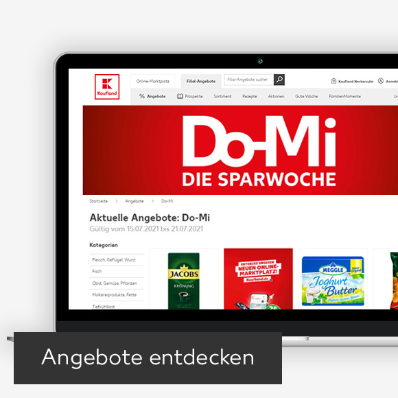 Abbildung: Laptop zeigt die große Euro-Aktion auf Kaufland-Webseite; Button: Angebote entdecken