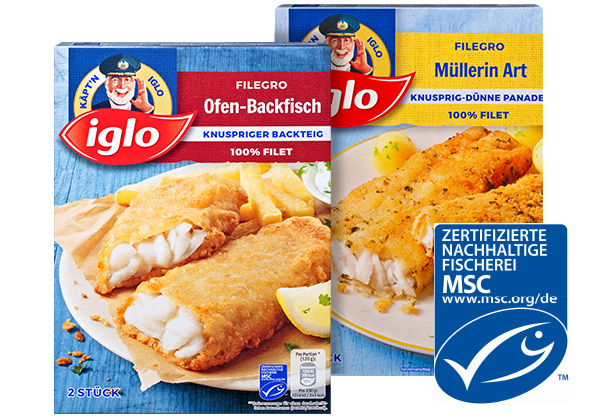 IGLO Filegro, versch. Sorten; Logo: MSC-zertifizierte nachhaltige Fischerei