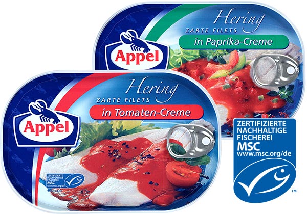 APPEL Zarte Heringsfilets, versch. Cremes, Logo: MSC-zertifizierte nachhaltige Fischerei