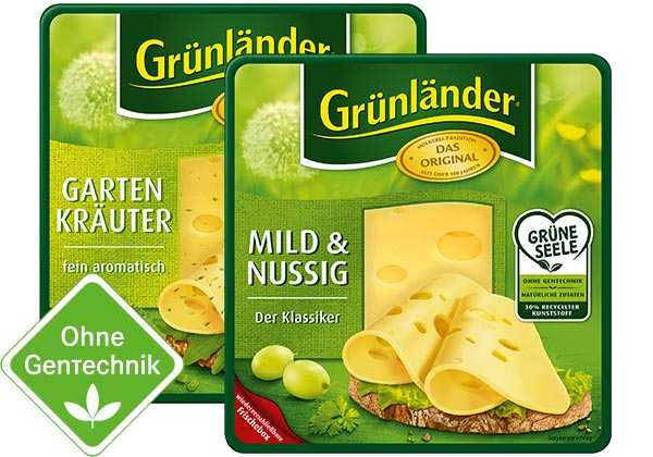 GRÜNLÄNDER Dtsch. Schnittkäse, versch. Sorten; Logo: Ohne Gentechnik