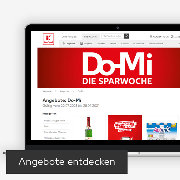 Abbildung: Laptop zeigt die Angebote zur Sparwoche auf Kaufland-Webseite; Button: Angebote entdecken