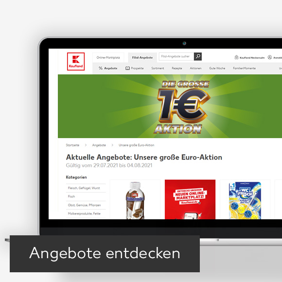 Abbildung: Laptop zeigt die Euro-Aktion-Angebote auf der Kaufland-Webseite; Button: Angebote entdecken