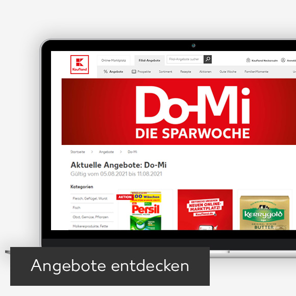 Abbildung: Laptop zeigt Do-Mi-Angebote auf der Kaufland-Webseite; Button: Angebote entdecken