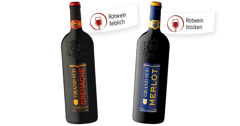 GRAND SUD Merlot, Merlot Rosé, Chardonnay oder Grenache; Fähnchen an der jeweiligen Flasche: Rotwein lieblich, Rotwein trocken