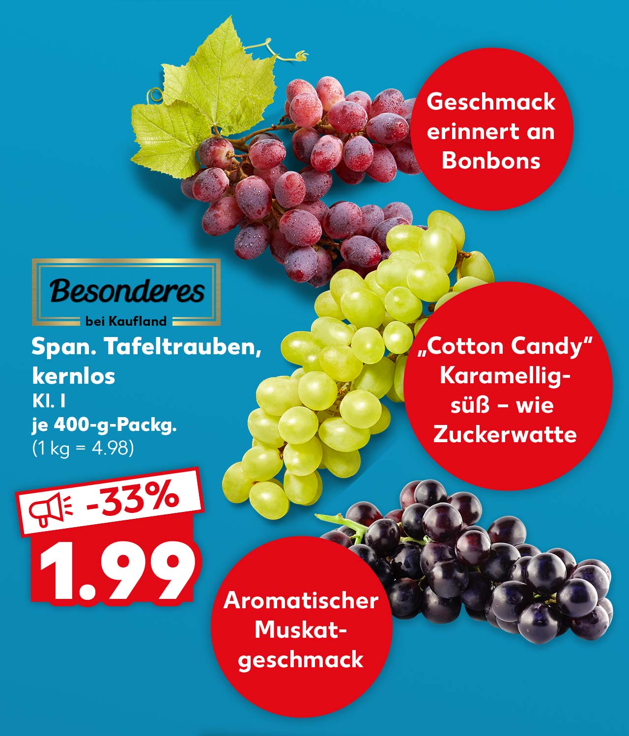 Span. Tafeltrauben, kernlos, Kl. I., je 400-g-Packg. für 1.99 Euro (1 kg = 4.98); Störer: Geschmack errinnert an Bonbons; Störer: „Cotton Candy“ Karamellig-süß – wie Zuckerwatte; Störer: Aromatischer Muskatgeschmack; Logo: Besonderes bei Kaufland