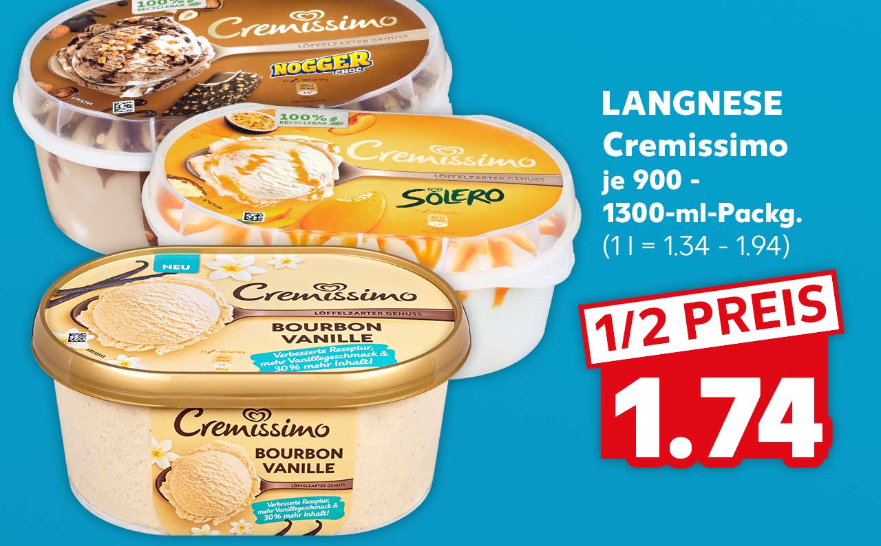 LANGNESE Cremissimo, versch. Sorten, je 900 - 1300-ml-Packg. für 1.74 Euro (1 l = 1.34 - 1.94)