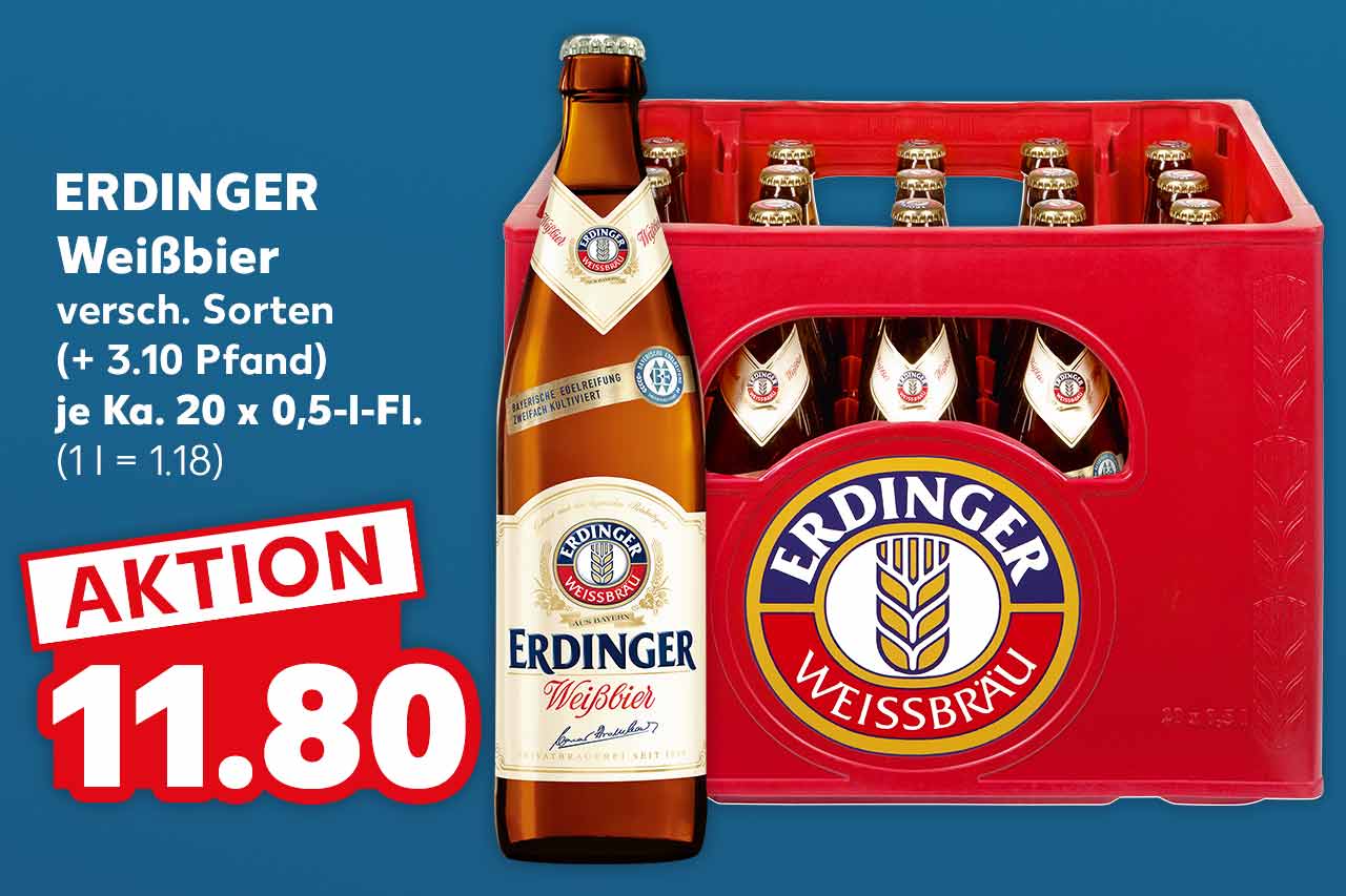 ERDINGER Weißbier, versch. Sorten, (+ 3.10 Pfand), je Ka. 20 x 0,5-l-Fl. für 11.80 Euro (1 l = 1.18)