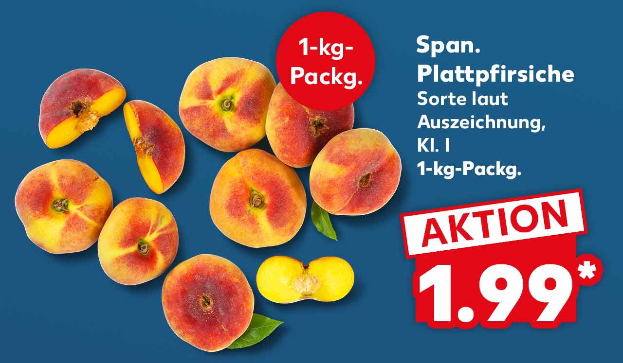 Span. Plattpfirsiche, Sorte laut Auszeichnung, Kl. I, je 1-kg-Packg. für 1.99 Euro*; Störer: 1-kg-Packg.