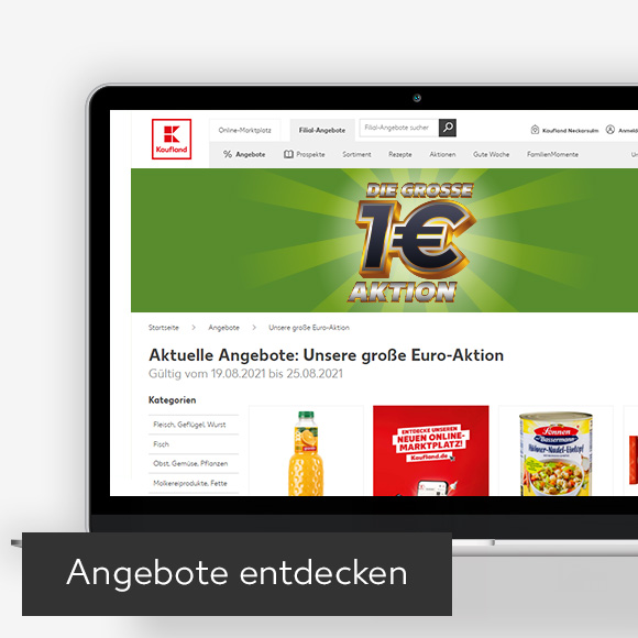 Abbildung: Laptop zeigt Euro-Aktion-Angebote auf der Kaufland-Webseite; Button: Angebote entdecken