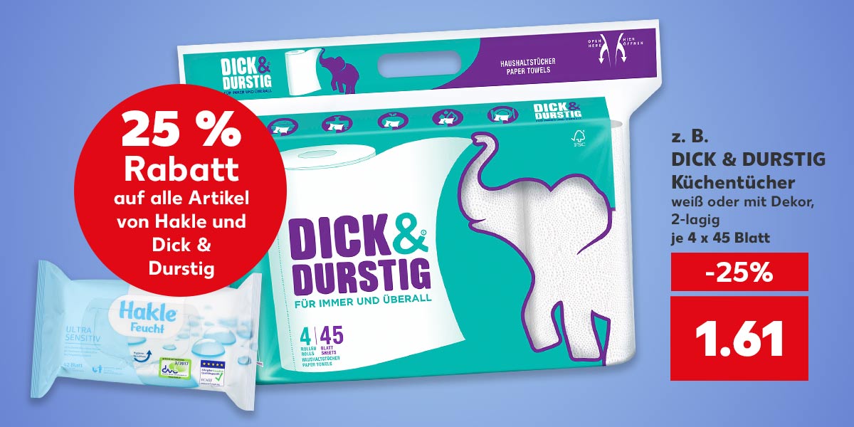 Störer: 25 % Rabatt auf alle Artikel von Hakle und Dick & Durstig; z. B. DICK & DURSTIG Küchentücher, weiß oder mit Dekor, 2-lagig, je 4 x 45 Blatt für 1.61 Euro