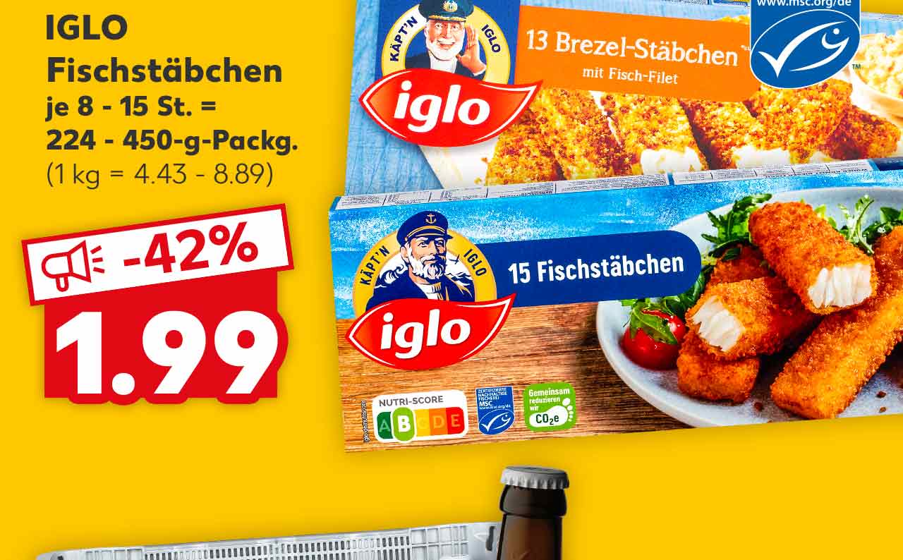 IGLO Fischstäbchen, versch. Sorten, je 8 - 15 St. = 224 - 450-g-Packg. für 1.99 Euro (1 kg = 4.43 - 8.89); Logo: MSC-zertifizierte nachhaltige Fischerei