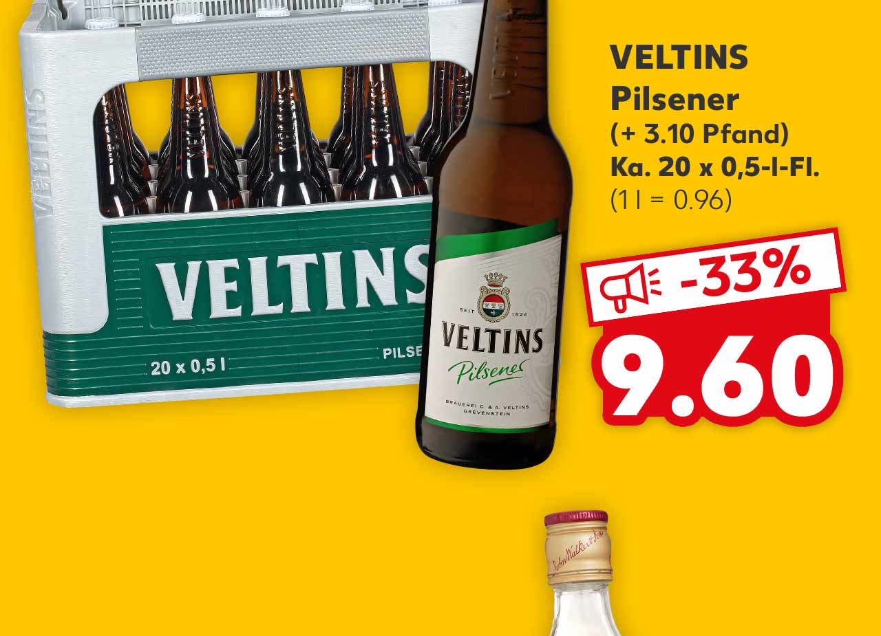 VELTINS Pilsener, (+ 3.10 Pfand), je Ka. 20 x 0,5-l-Fl. für 9.60 Euro (1 l = 0.96)