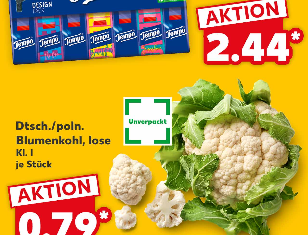TEMPO Taschentücher, 4-lagig, je 42 x 10-St.-Packg. für 2.44 Euro*; Dtsch./poln. Blumenkohl, lose, Kl. I, je Stück für 0,79 Euro*; Logo: Unverpackt