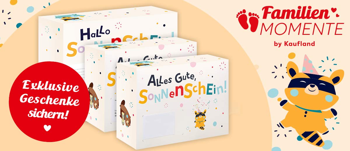 Logo: FamilienMomente by Kaufland; Abbildung: Willkommens-Box und zwei Geschenkboxen; Störer: Exklusive Geschenke sichern!