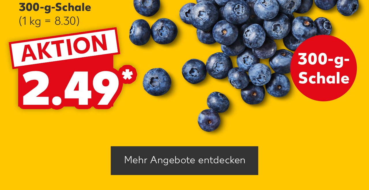 MÜLLER Froop, versch. Sorten, je 150-g-Becher für 0.25 Euro (100 g = 0.17); Dtsch./poln. Kulturheidelbeeren; Kl. I, 300-g-Schale für 2.49 Euro* (1 kg = 8.30); Störer: 300-g-Schale; Button: Mehr Angebote entdecken