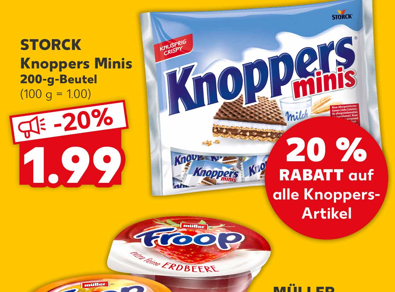 Störer: 20 % RABATT auf alle Knoppers-Artikel; STORCK Knoppers Minis, 200-g-Beutel für 1.99 Euro (100 g = 1.00)