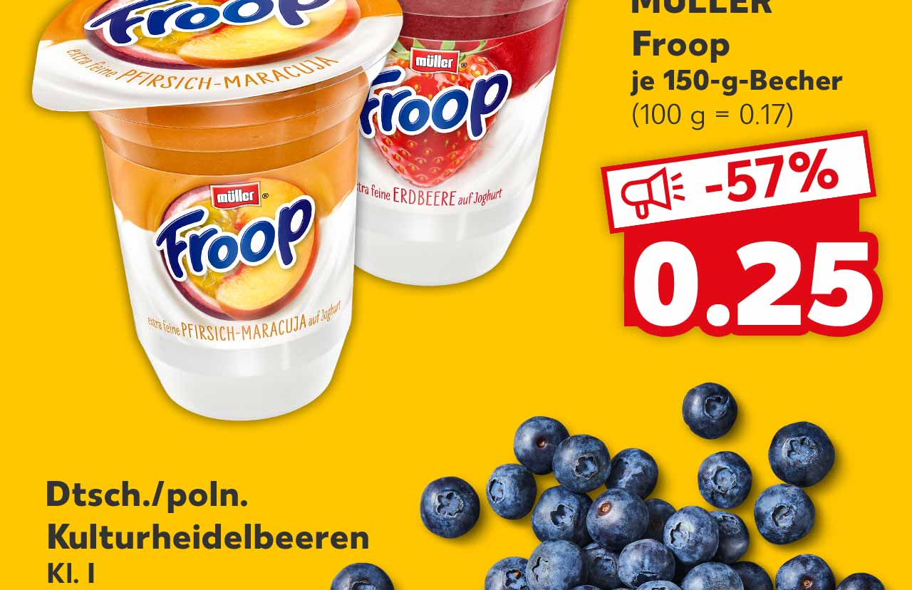 MÜLLER Froop, versch. Sorten, je 150-g-Becher für 0.25 Euro (100 g = 0.17)