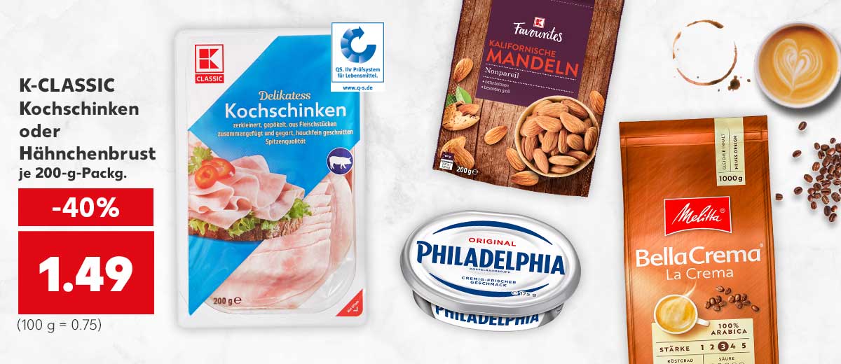 K-CLASSIC Kochschinken oder Hähnchenbrust, je 200-g-Packg. für 1.49 Euro (100 g = 0.75); Störer: QS. Ihr Prüfsystem für Lebensmittel.; Weitere Produktabbildungen: K-FAVOURITES Kaliforn. Mandeln, PHILADELPHIA Frischkäsezubereitung, MELITTA BellaCrema