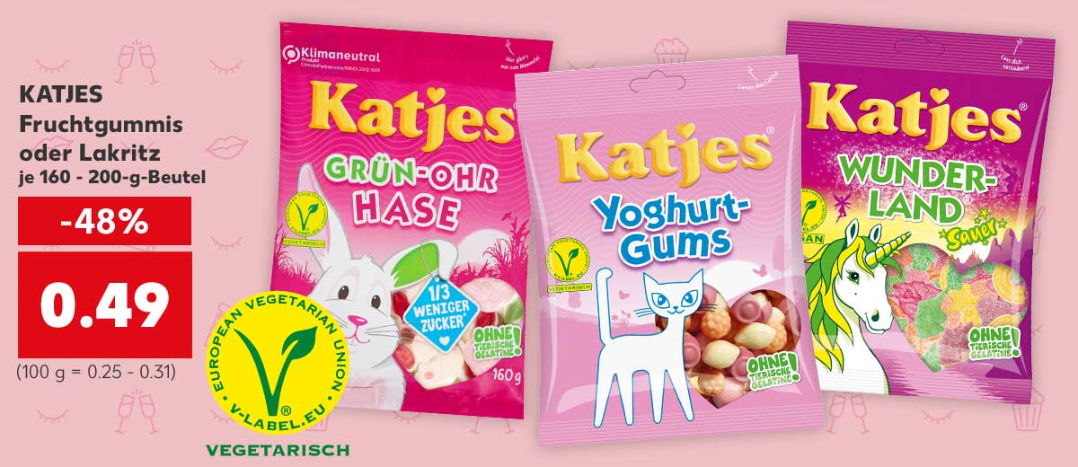 KATJES Fruchtgummis oder Lakritz, versch. Sorten, je 160 - 200-g-Beutel für 0.49 Euro (100 g = 0.25 - 0.31); Logo: Vegetarisch, European Vegetarian Union