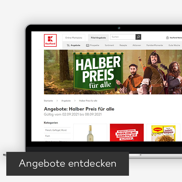 Abbildung: Laptop zeigt Halber-Preis-für-alle-Angebote auf der Kaufland-Webseite; Button: Angebote entdecken
