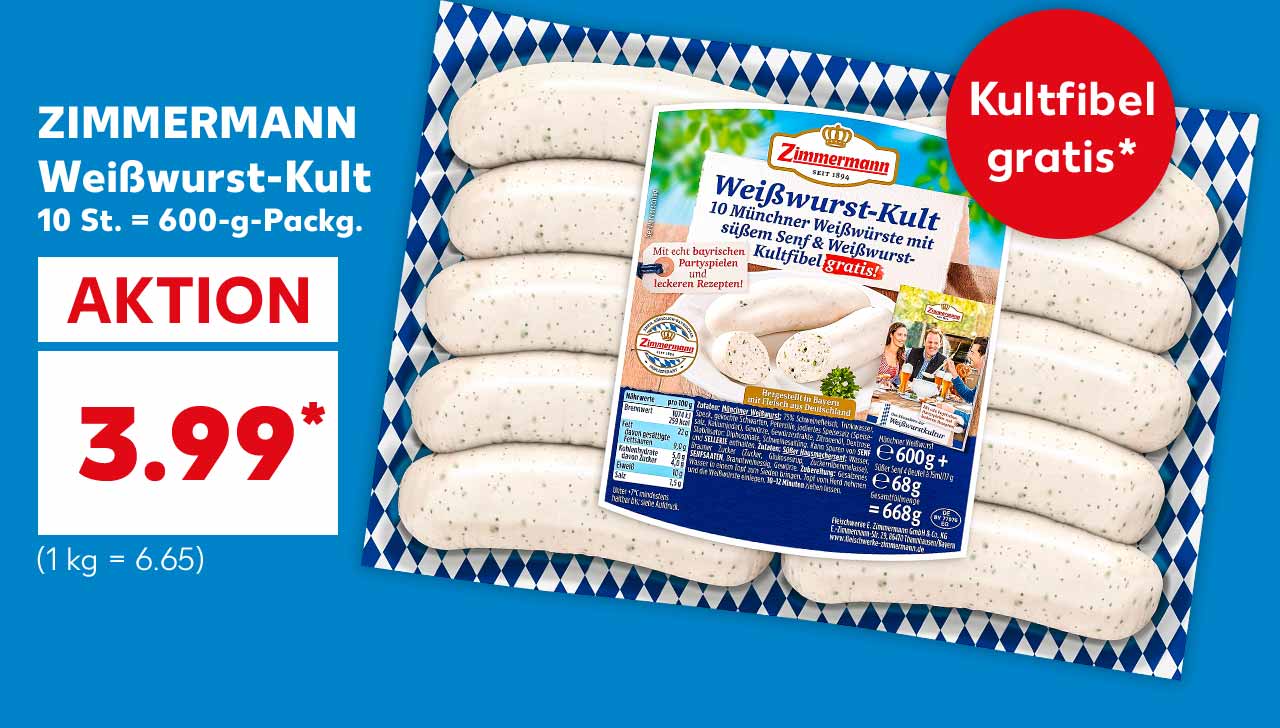 ZIMMERMANN Weißwurst-Kult, 10 St. = 600-g-Packg. für 3.99 Euro* (1 kg = 6.65); Störer: Kultfibel gratis*
