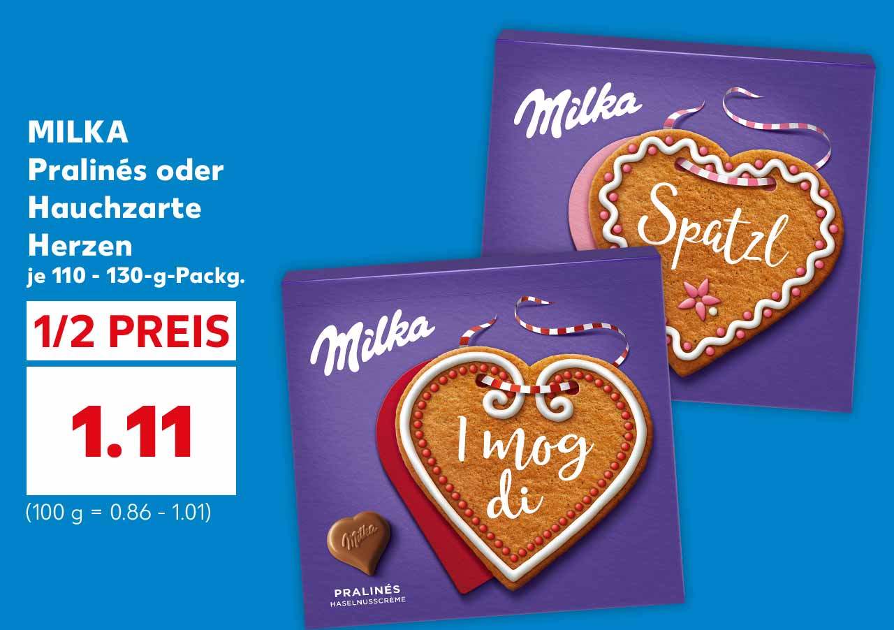 MILKA Pralinés oder Hauchzarte Herzen, versch. Sorten, je 110 - 130-g-Packg. für 1.11 Euro (100 g = 0.86 - 1.01)