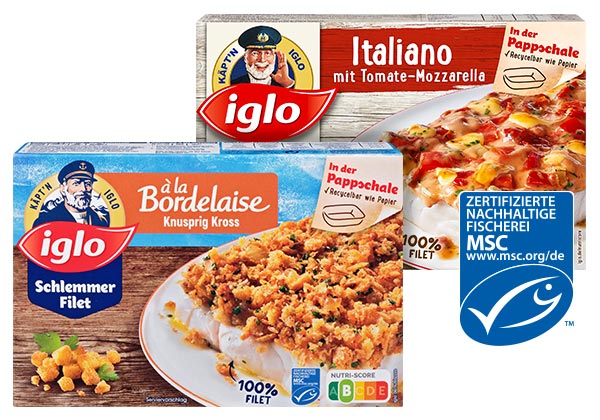 IGLO Schlemmer-Filet, versch. Auflagen; Logo: MSC-zertifizierte nachhaltige Fischerei