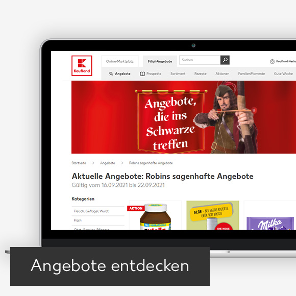 Abbildung: Laptop zeigt Robins sagenhafte Angebote auf der Kaufland-Webseite; Button: Angebote entdecken