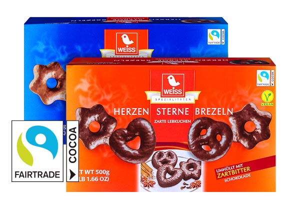 WEISS Herzen, Sterne, Brezeln, versch. Sorten; Logo: FAIRTRADE COCOA