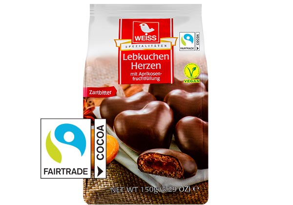 WEISS Lebkuchen-Herzen; Logo: FAIRTRADE COCOA