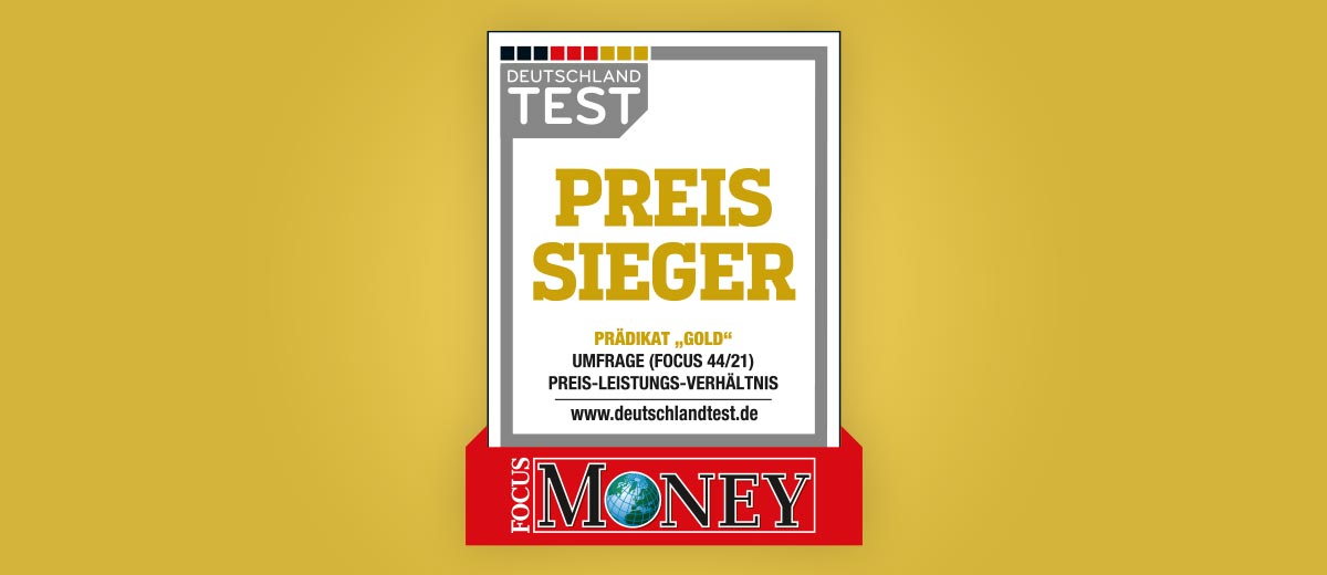 Goldener Hintergrund; Logo: Preis Sieger