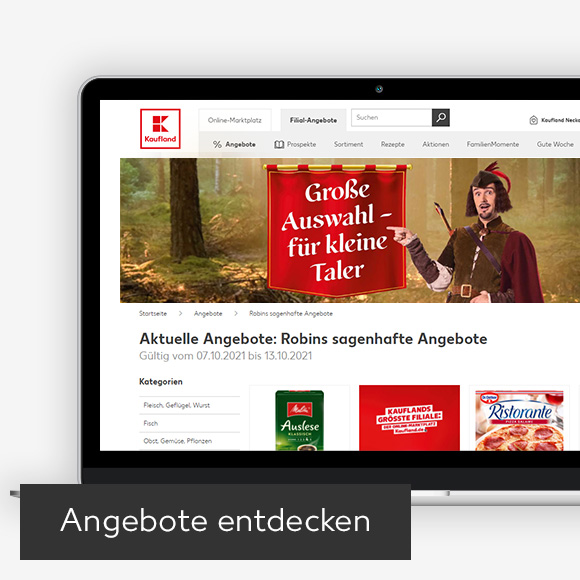 Abbildung: Laptop zeigt Robins sagenhafte Angebote auf der Kaufland-Webseite; Button: Angebote entdecken