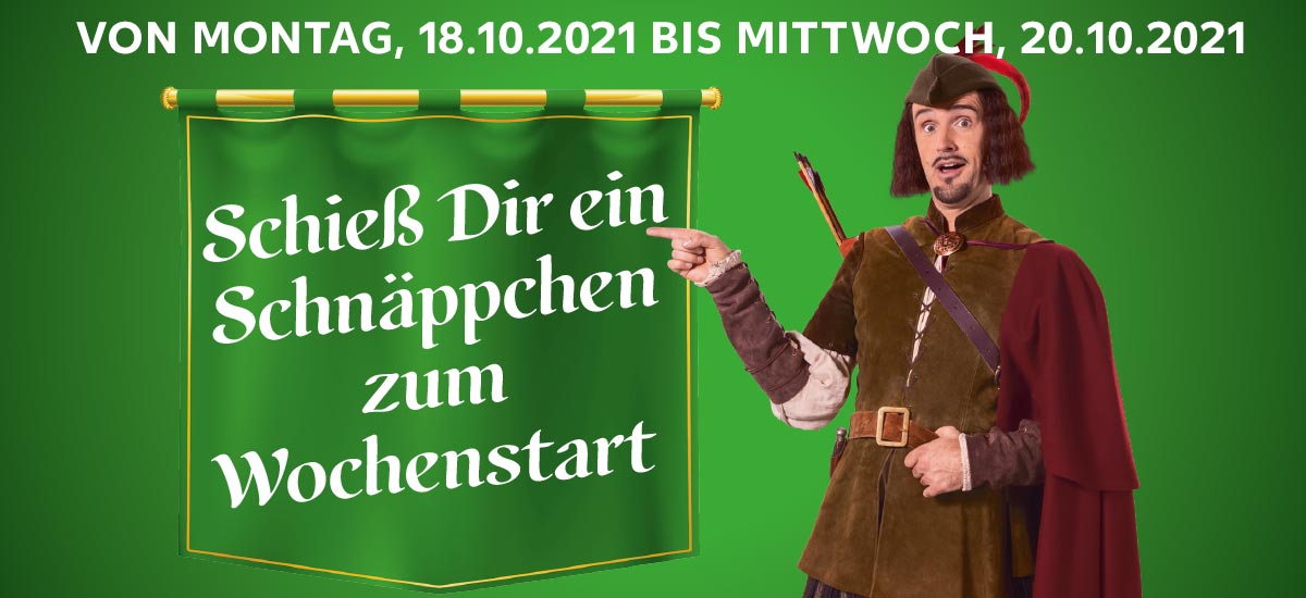 VON MONTAG, 18.10.2021 BIS MITTWOCH, 20.10.2021; Abbildung: Robin von Kaufland; grüner Wimpel mit Schriftzug: Schieß Dir ein Schnäppchen zum Wochenstart