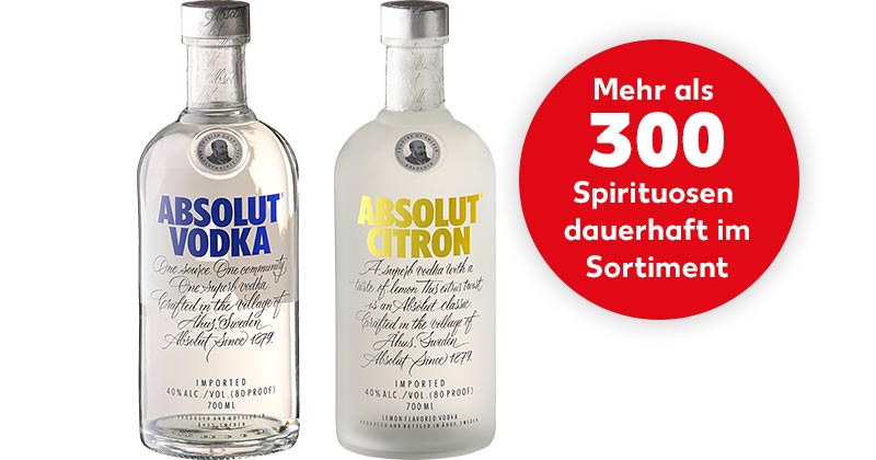 ABSOLUT Vodka oder Citron; Störer: Mehr als 300 Spirituosen dauerhaft im Sortiment