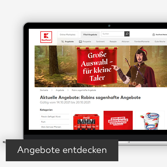 Abbildung: Laptop zeigt Robins sagenhafte Angebote auf der Kaufland-Webseite; Button: Angebote entdecken