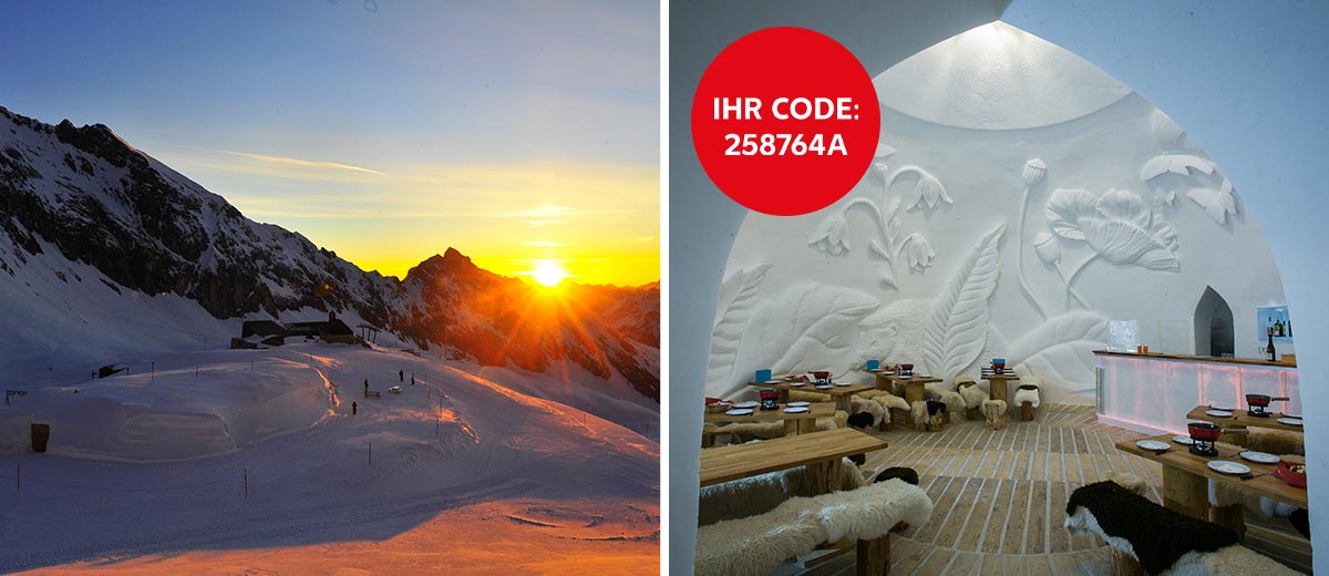 Abbildung des Gewinns: links Berge mit Sonnenaufgang und Schnee, rechts Iglo zum Übernachten; Ihr Code: 258764A