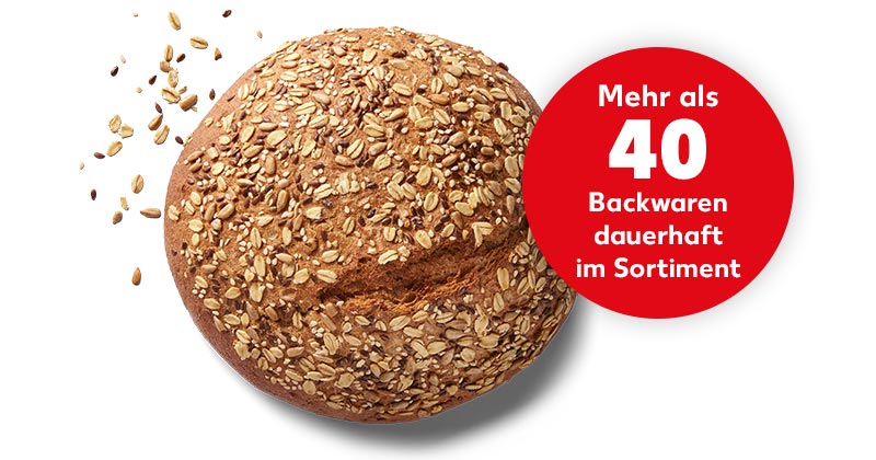 Dinkel-Vollkornbrot**; Störer: Mehr als 40 Backwaren dauerhaft im Sortiment
