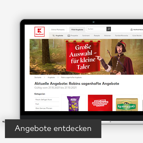 Abbildung: Laptop zeigt Robins sagenhafte Angebote auf der Kaufland-Webseite; Button: Angebote entdecken
