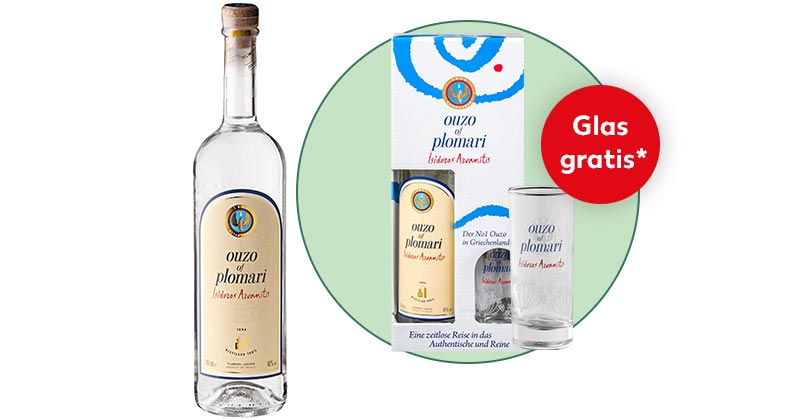 OUZO OF PLOMARI Griech. Anisspirituose, Störer: Glas gratis*